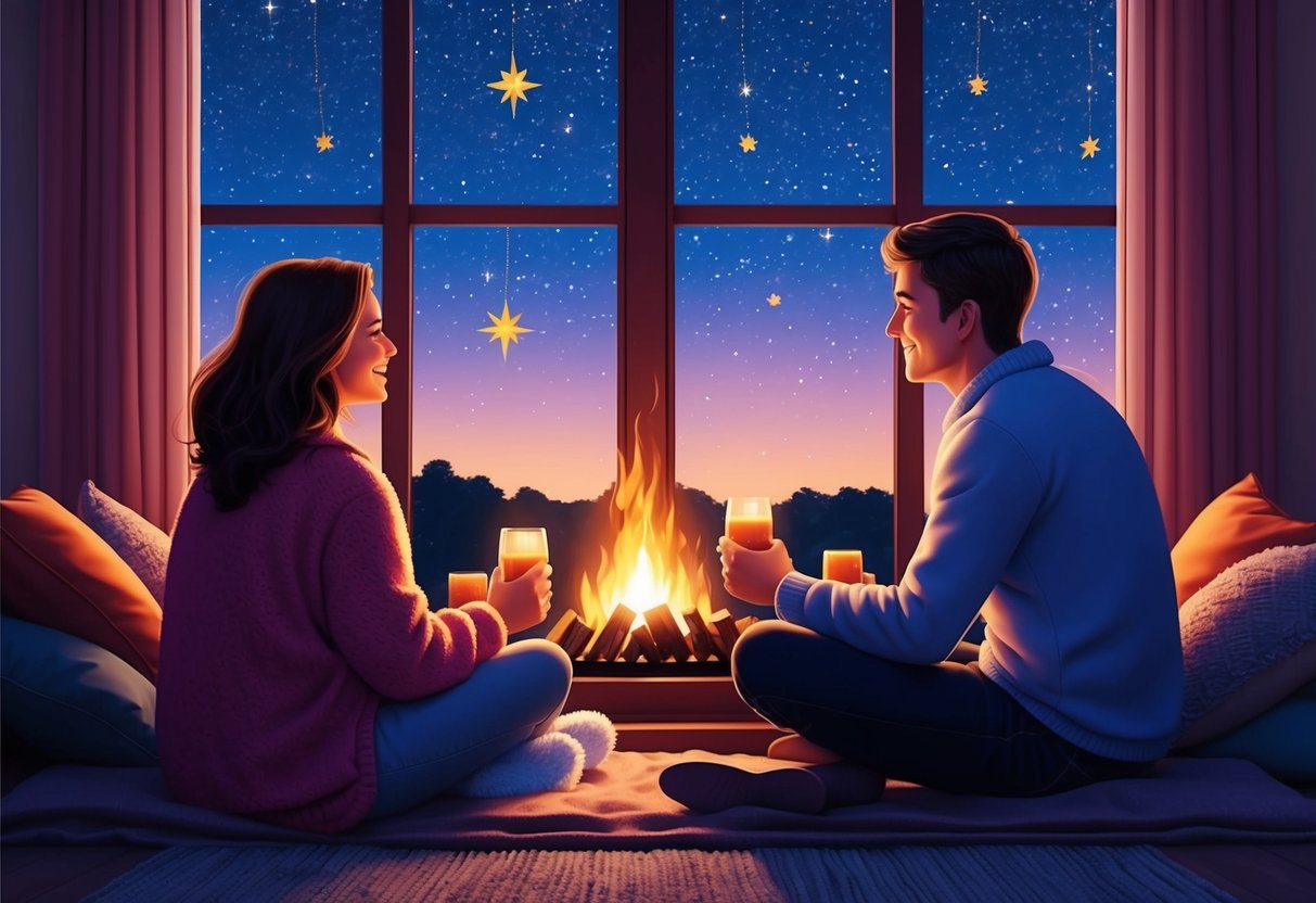 A Cancer and Sagittarius sharing a cozy evening by a crackling fireplace, gazing at the stars through a large window