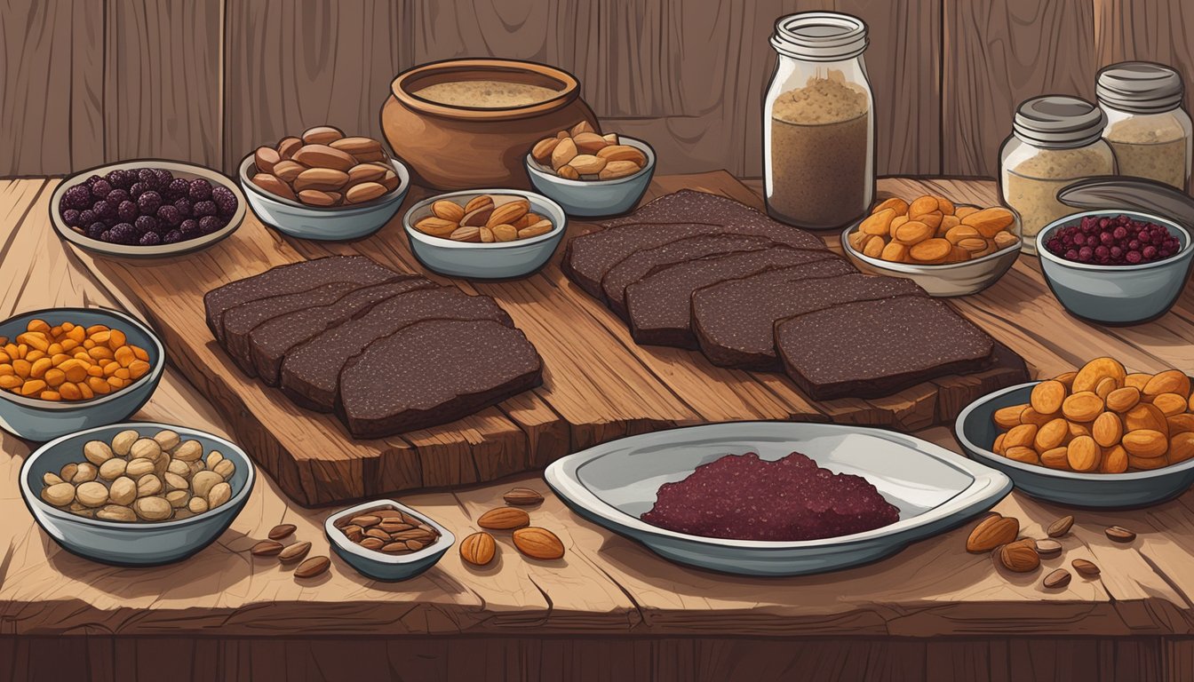 A rustic wooden table displays a spread of homemade venison pemmican, surrounded by ingredients such as dried berries, nuts, and rendered animal fat