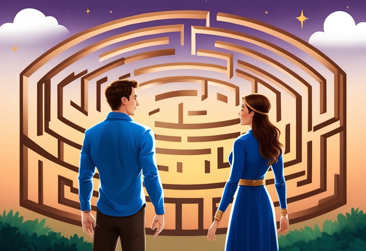 A cancer and sagittarius facing a maze, representing their journey of navigating challenges in their relationship