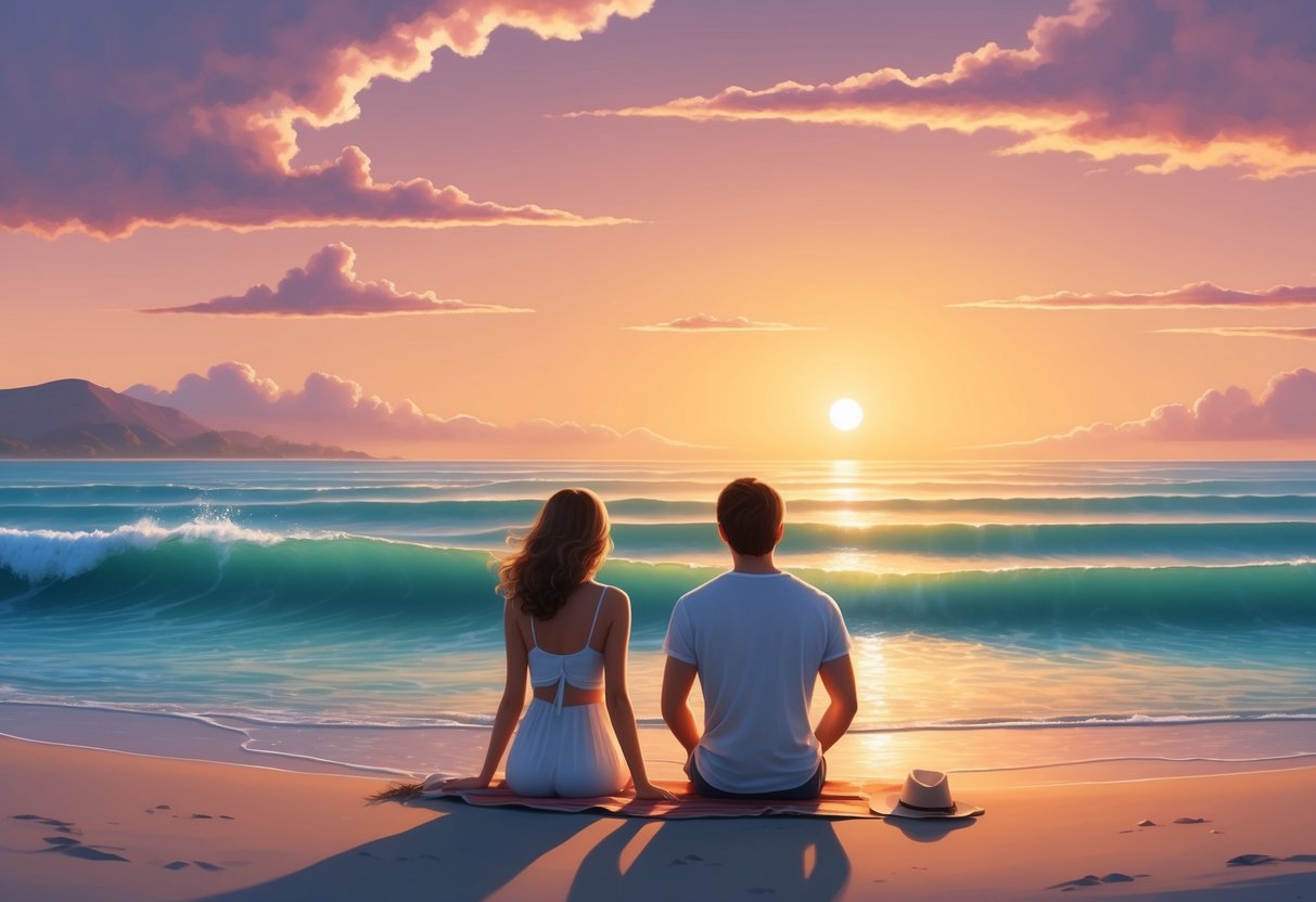 A serene beach at sunset, with a Cancer and Sagittarius gazing at the horizon together, surrounded by gentle waves and a warm, colorful sky