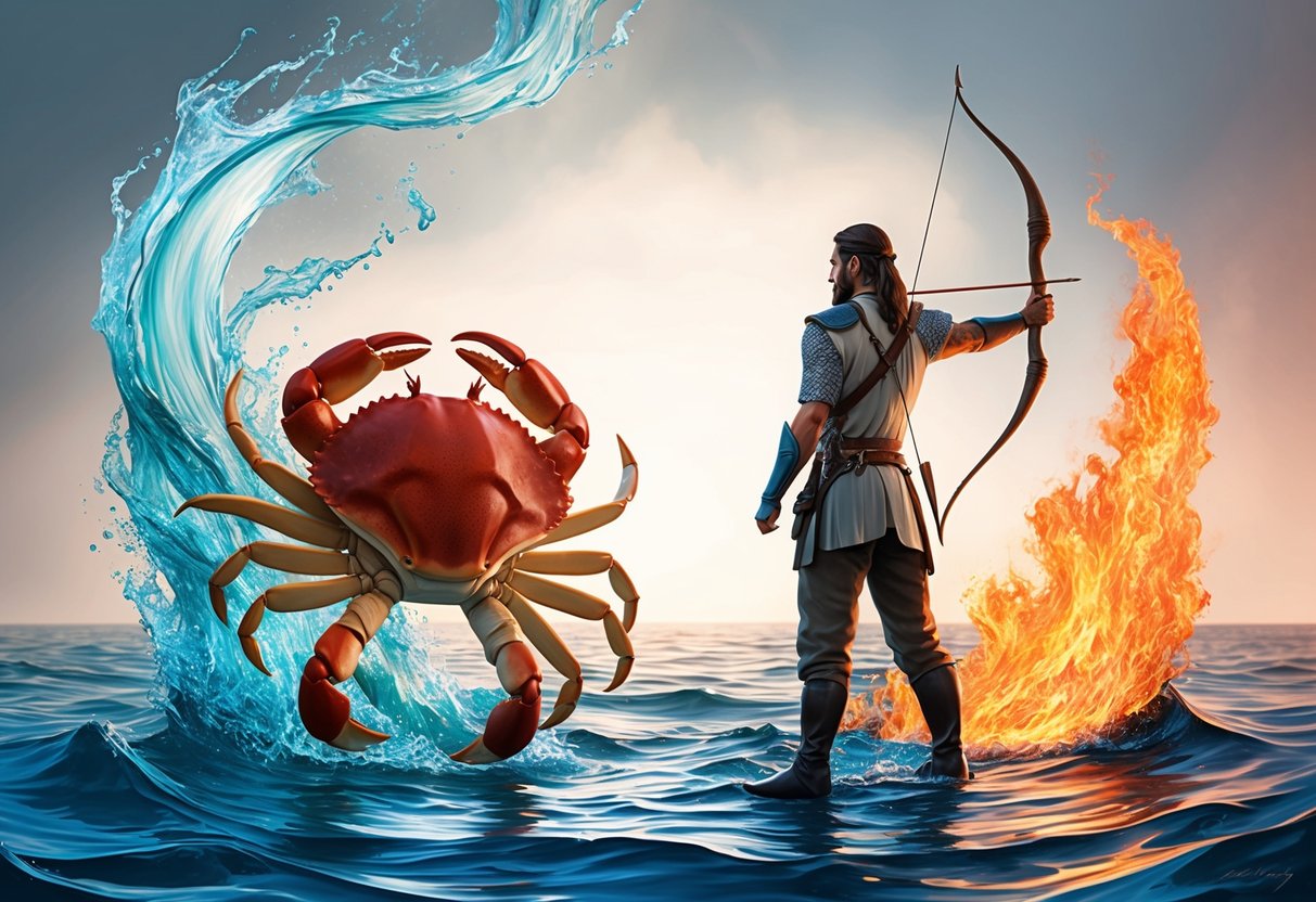 A crab and an archer stand back to back, facing opposite directions, with a swirling mix of water and fire surrounding them