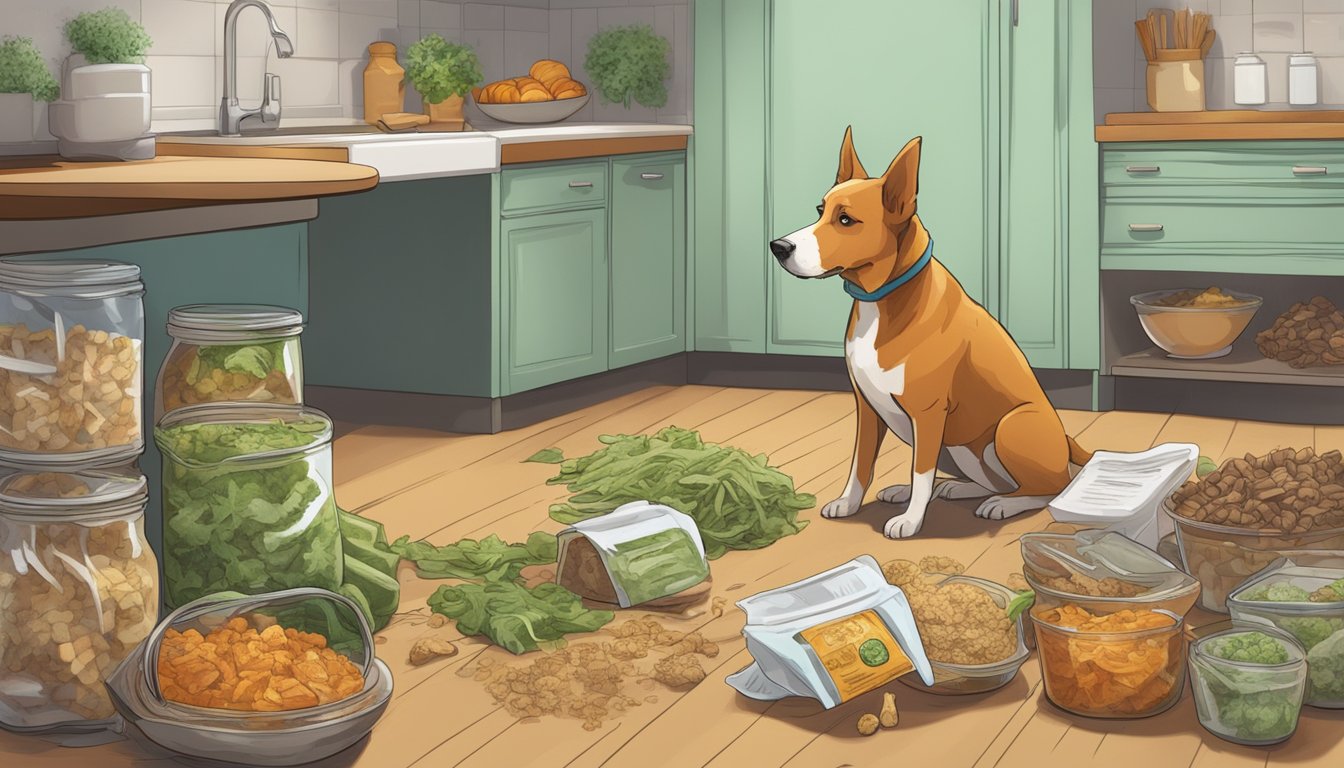 A dog eagerly sniffs a pile of kitchen scraps, while a concerned owner gestures to a list of unsafe foods and ingredients to avoid for gourmet dog treats