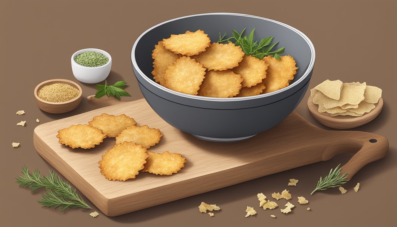 A bowl of crispy chicken skin crackers on a wooden cutting board, surrounded by scattered herbs and spices