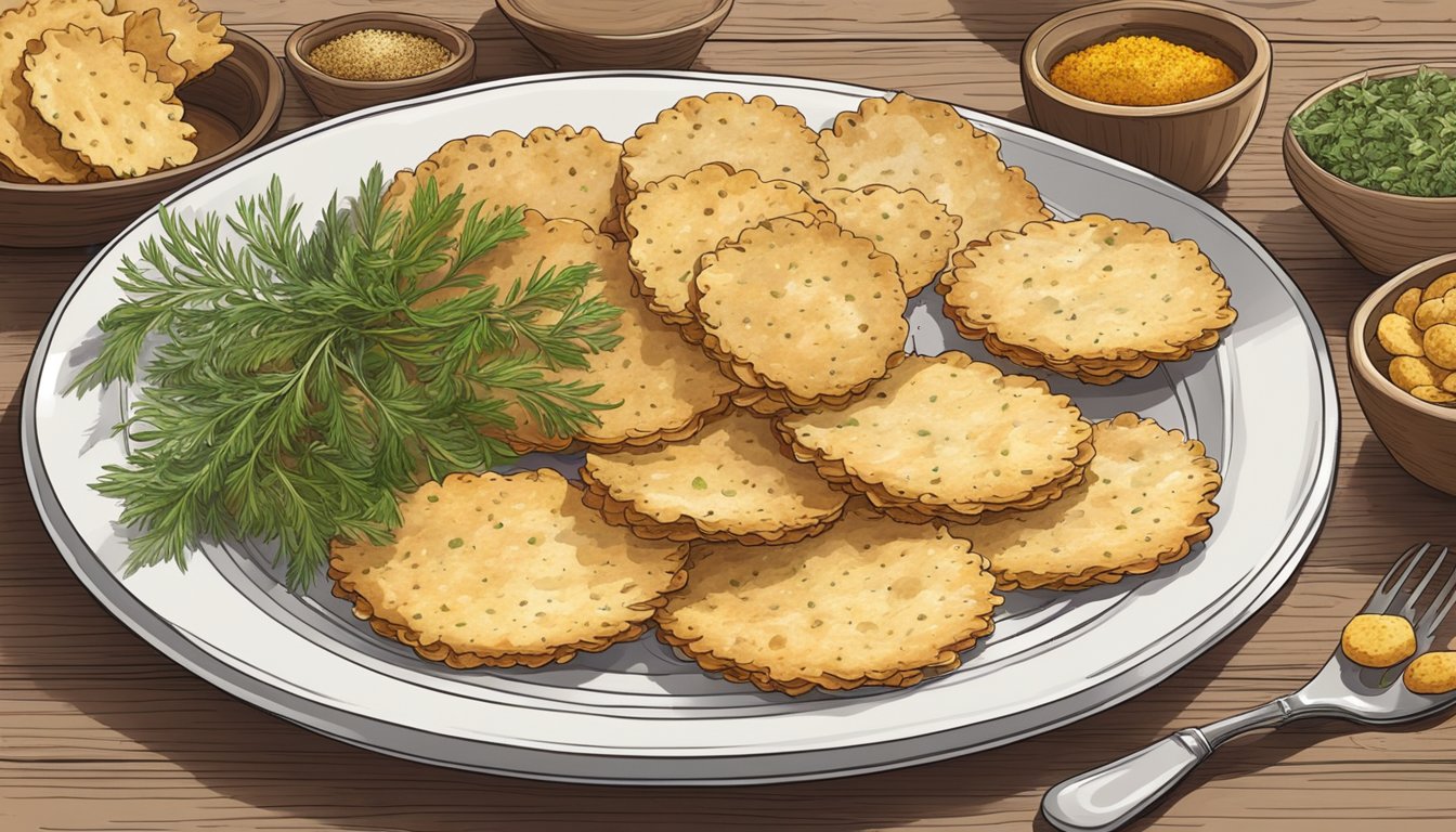 A rustic kitchen table with a plate of golden-brown homemade chicken skin crackers, surrounded by scattered herbs and spices