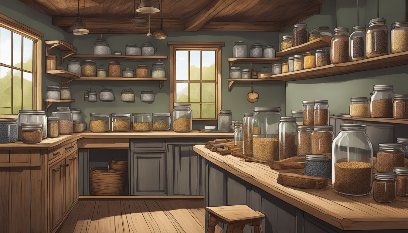 A rustic kitchen with a wooden table covered in homemade venison pemmican, surrounded by jars and containers for storing