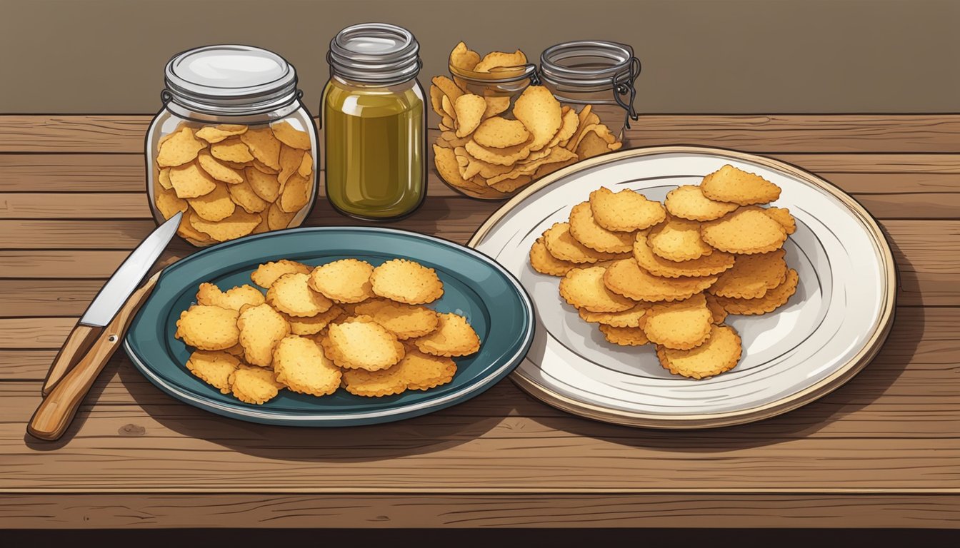 A rustic kitchen table with a plate of golden, crispy chicken skin crackers, a jar of seasoning, and a knife for preparation