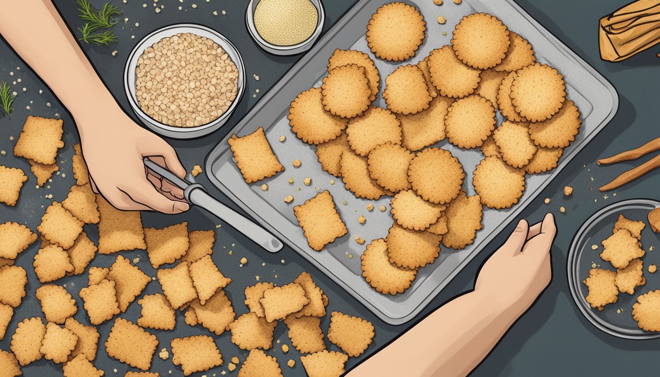 A hand sprinkles seasoning onto chicken skin crackers on a baking sheet