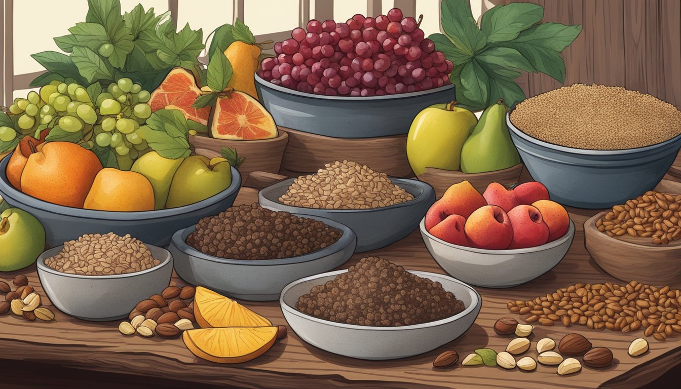 A rustic kitchen table displays homemade venison pemmican surrounded by various fruits, nuts, and grains, illustrating its versatility for different diets