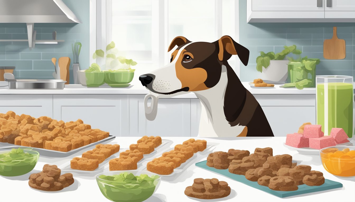 A dog eagerly sniffs and tastes a variety of homemade gourmet treats made from kitchen scraps, presented on a clean, white surface