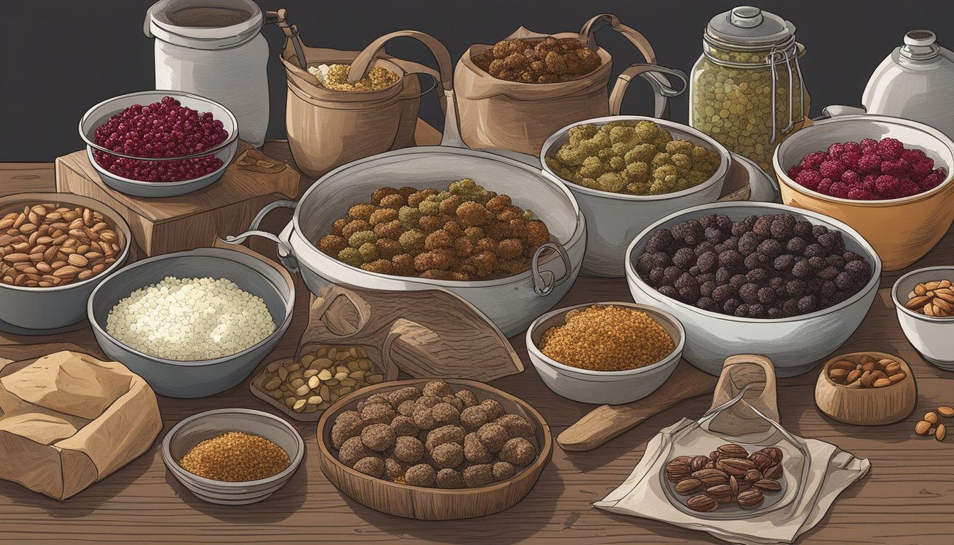 A rustic kitchen counter displays a variety of homemade venison pemmican, surrounded by ingredients like dried berries, nuts, and rendered fat