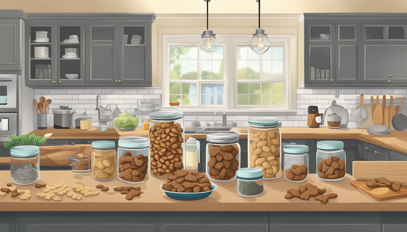 A kitchen counter with various homemade dog treats in glass jars, surrounded by fresh ingredients and a calendar marking the expiration dates