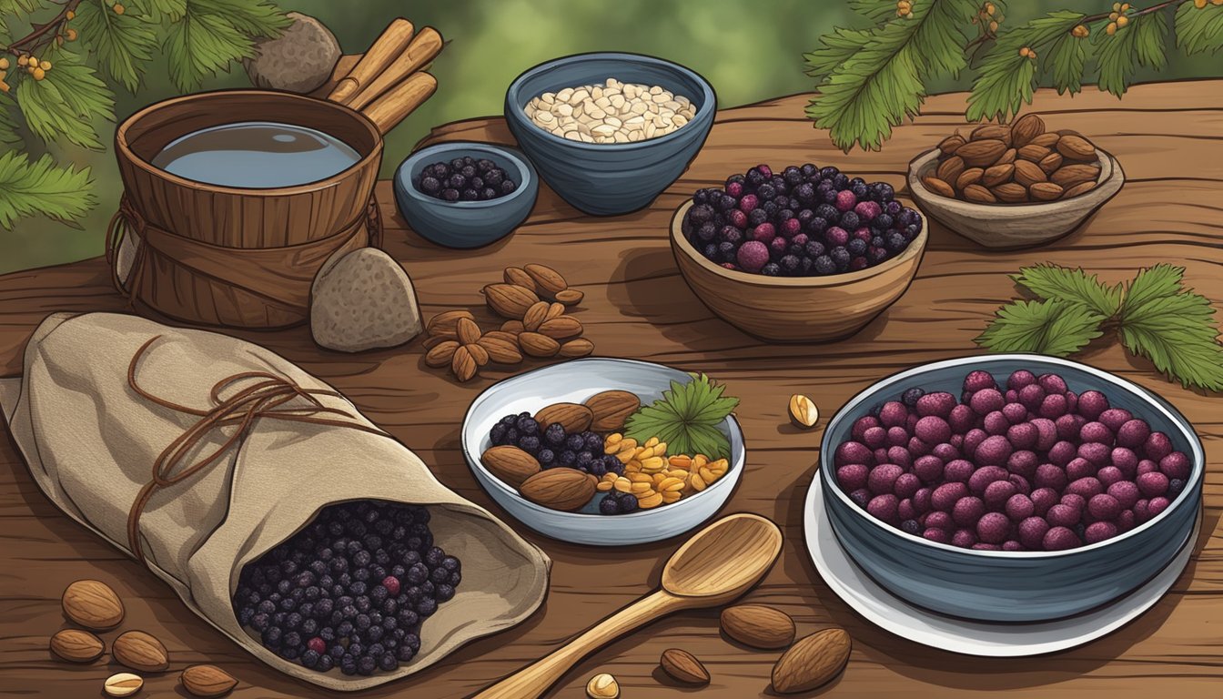 A rustic wooden table displays homemade venison pemmican in a traditional Native American pouch, surrounded by wild berries and nuts