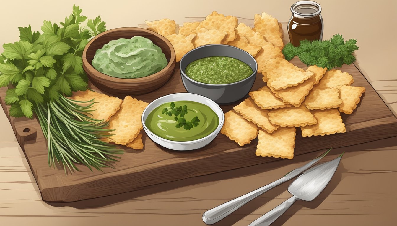 A rustic wooden cutting board with homemade chicken skin crackers, surrounded by fresh herbs and a small dish of dipping sauce