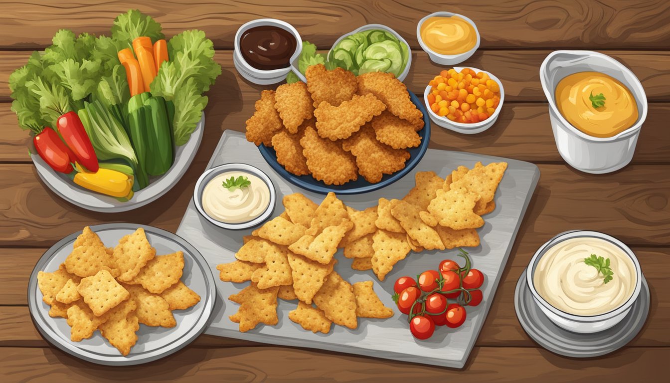 A rustic wooden table displays golden, crispy chicken skin crackers alongside a variety of colorful, fresh vegetables and a small dish of creamy dip