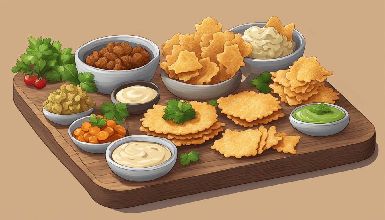 A plate of crispy chicken skin crackers arranged with various dips and garnishes on a wooden cutting board