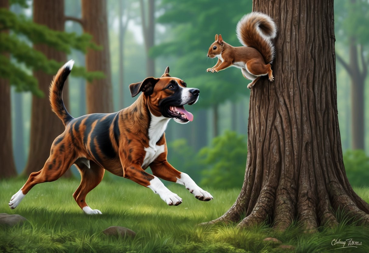 A Treeing Tennessee Brindle dog eagerly chasing a squirrel up a tree in a forest