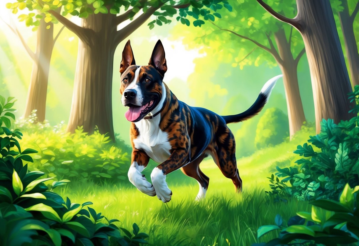 A Health and Longevity Treeing Tennessee Brindle dog running through a lush forest, surrounded by vibrant greenery and sunlight filtering through the trees