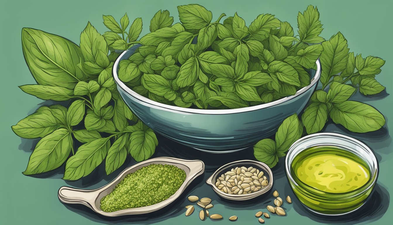 A collection of herb stems, leaves, and seeds arranged around a bowl of freshly made pesto