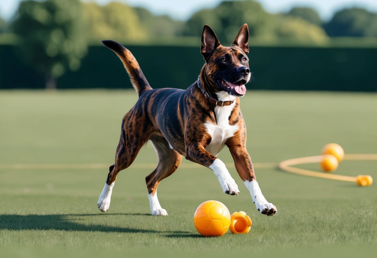 A Treeing Tennessee Brindle dog is engaged in training and activities, such as running, jumping, and playing with toys in a spacious outdoor area