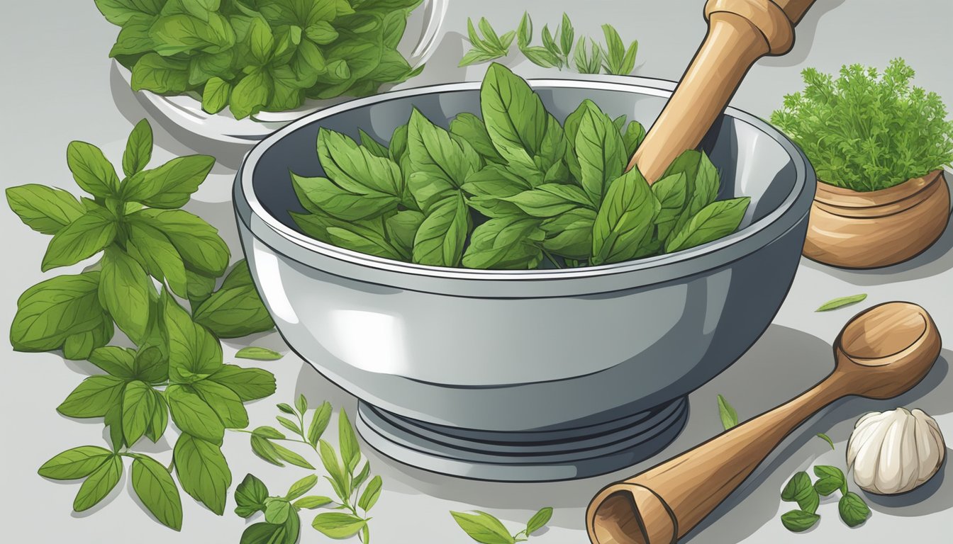 Fresh herb stems and leaves being crushed in a mortar and pestle