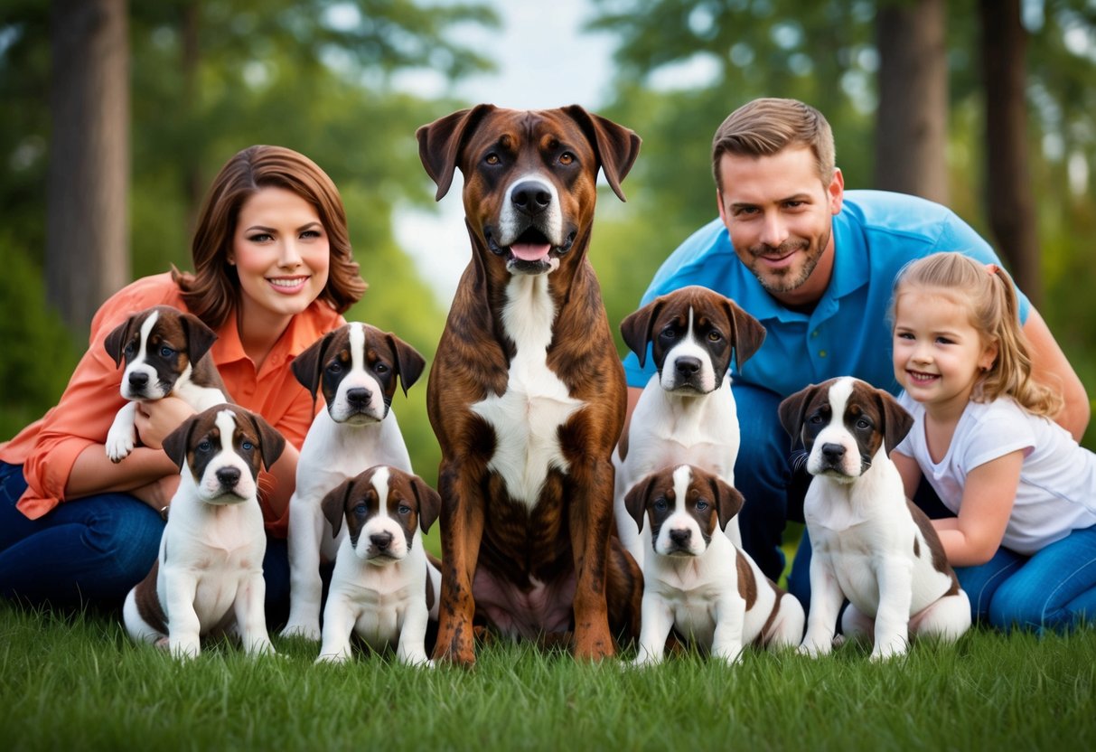 A Treeing Tennessee Brindle dog stands proudly with its new litter of puppies, surrounded by a loving family