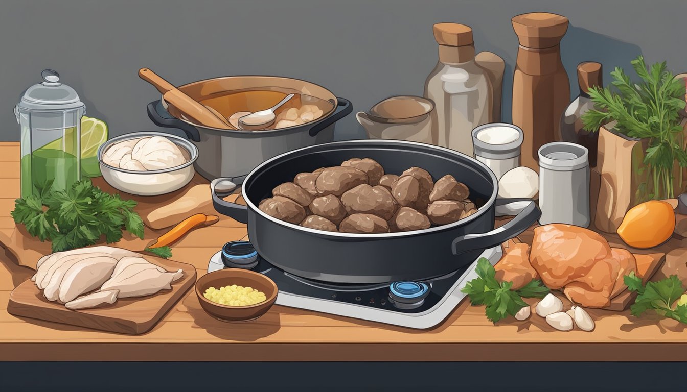 A cluttered kitchen counter with various ingredients and utensils, a cutting board with raw chicken livers, and a pot simmering on the stove