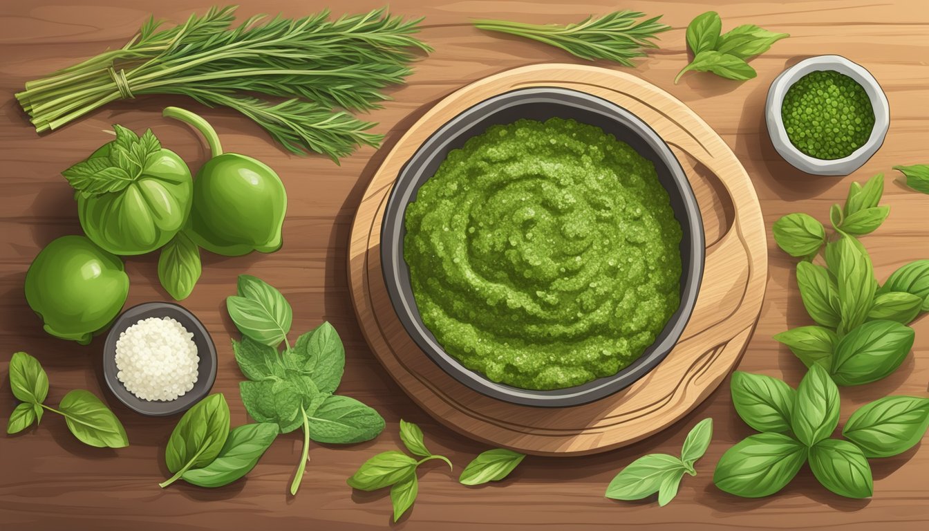 A wooden cutting board with a small bowl of herb stem pesto, surrounded by fresh herbs and a mortar and pestle