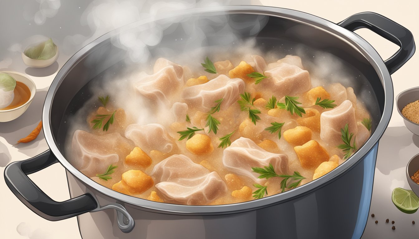 Pork skin boiling in a large pot with water and spices, steam rising