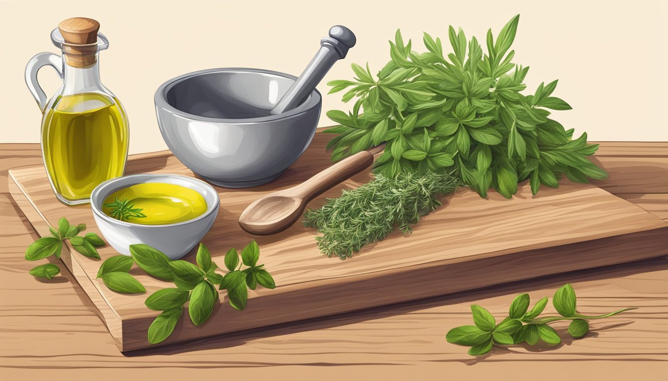 A wooden cutting board with fresh herbs, a mortar and pestle, and a small bowl of olive oil