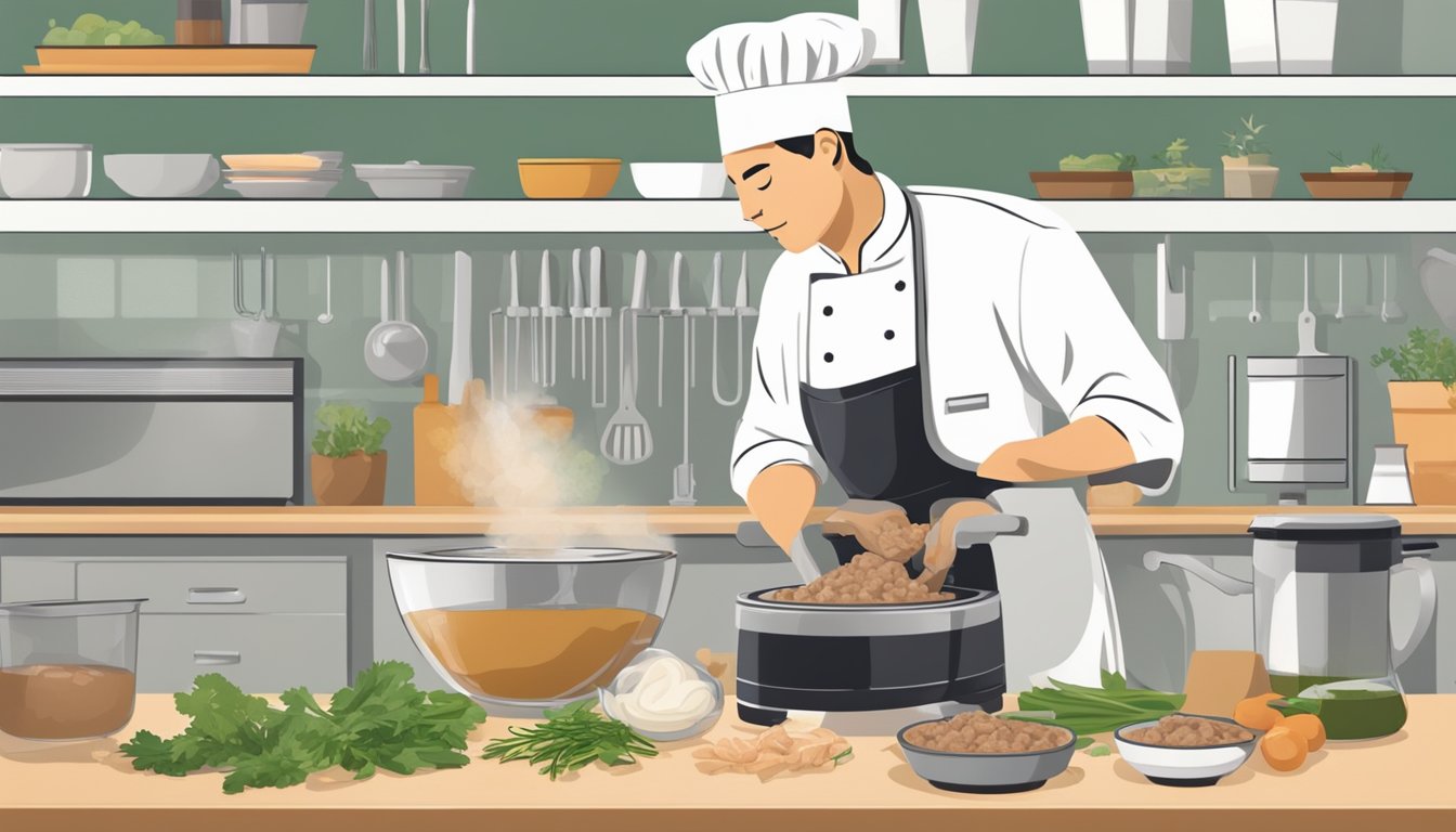 A chef blending cooked chicken livers, onions, and herbs in a food processor to create a smooth and flavorful pâté