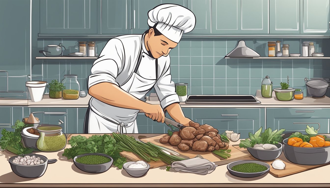 A chef preparing fresh chicken livers with aromatic herbs and spices in a clean, organized kitchen. Ingredients and tools neatly arranged