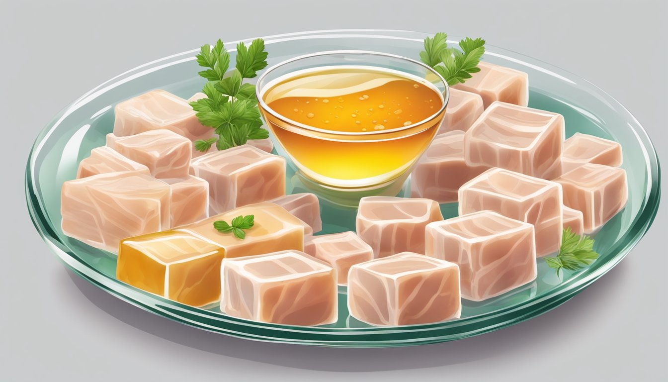 A glass platter with neatly arranged cubes of homemade pork skin gelatin, garnished with fresh herbs and a drizzle of vinegar