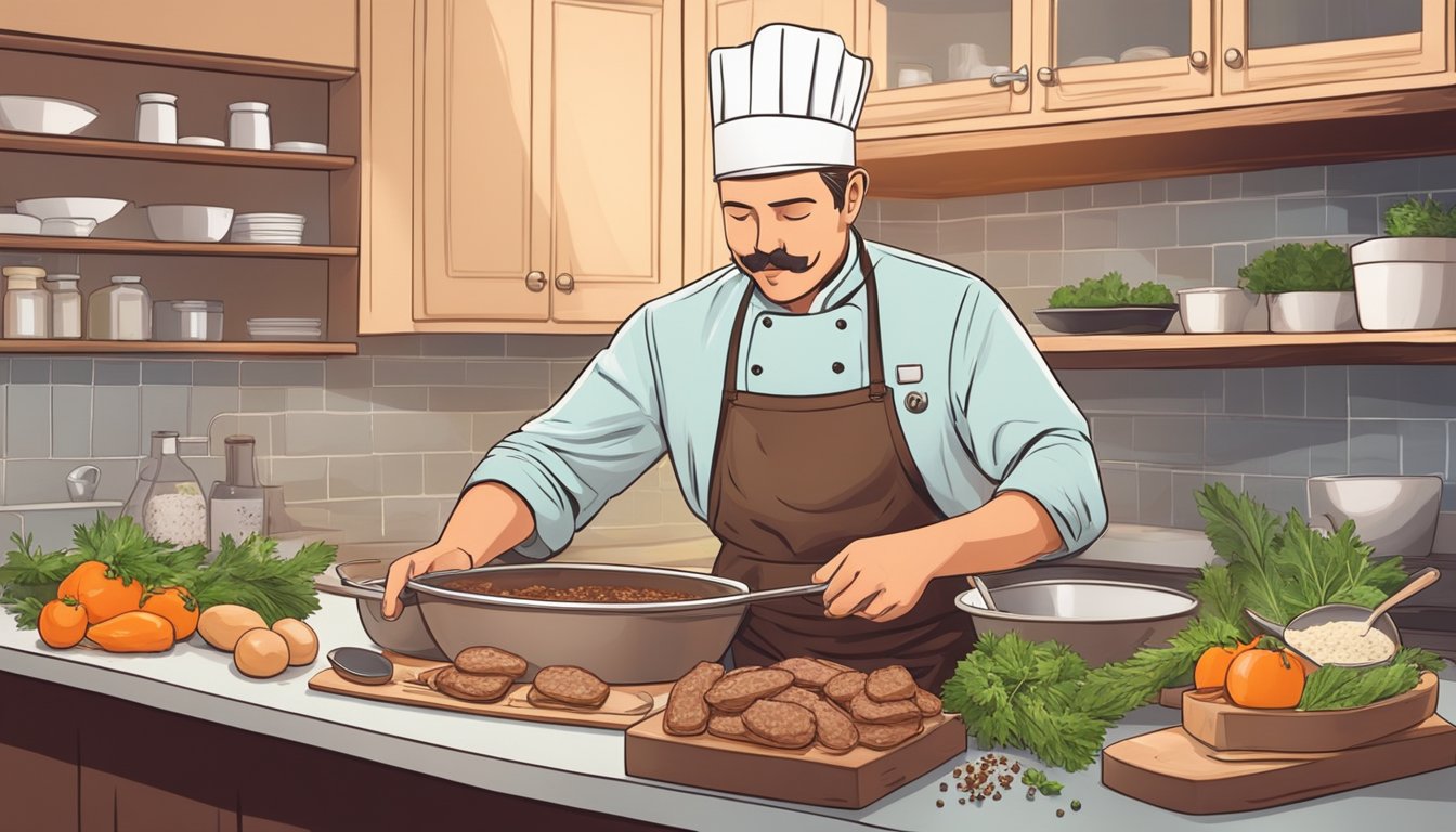 A chef preparing a rich and flavorful chicken liver pâté from scratch, using fresh ingredients and a variety of seasonings in a well-lit kitchen