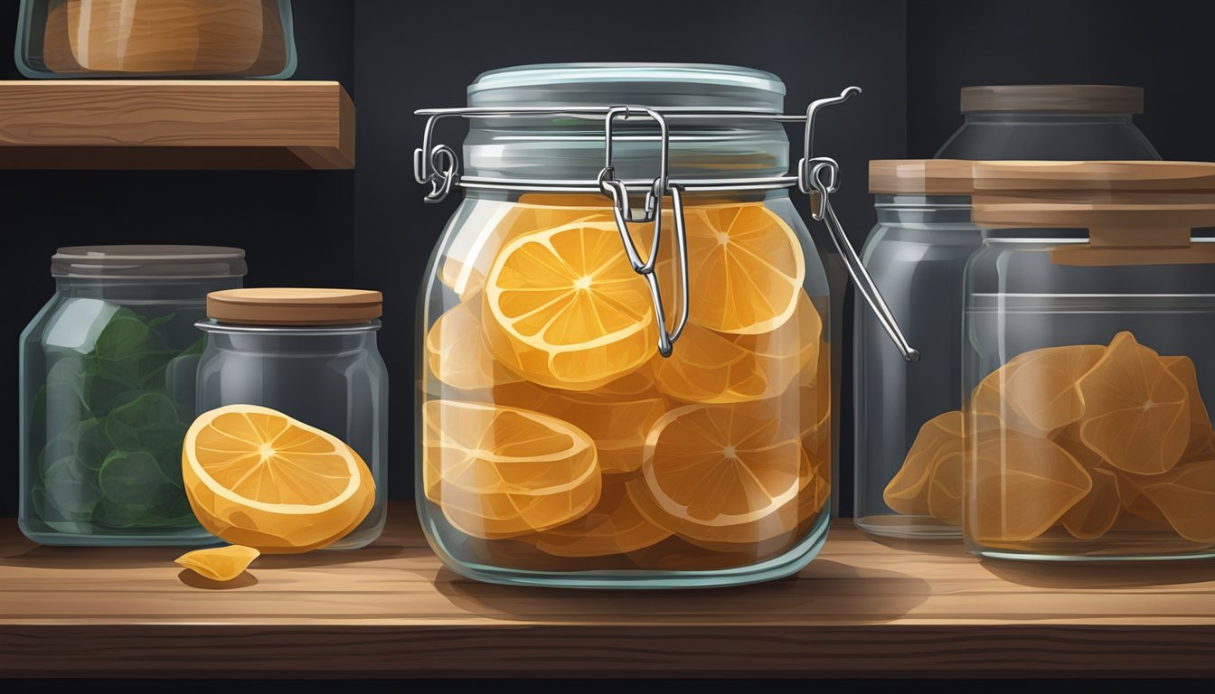 A glass jar filled with homemade pork skin gelatin, sealed with a lid, placed on a shelf in a cool, dark pantry