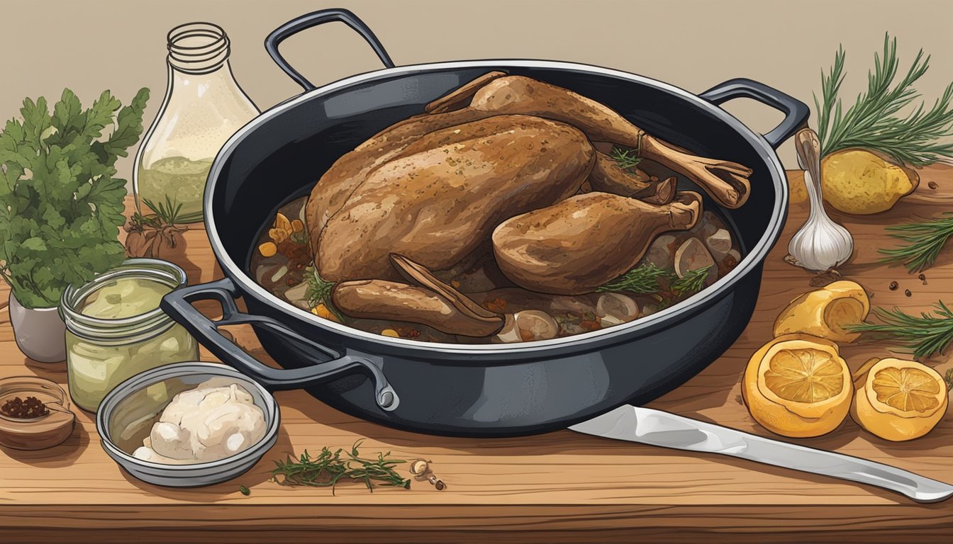 A rustic kitchen with a pot of simmering duck legs in rendered fat, surrounded by herbs and spices. A wooden cutting board holds a sharp knife and a jar of preserved duck confit