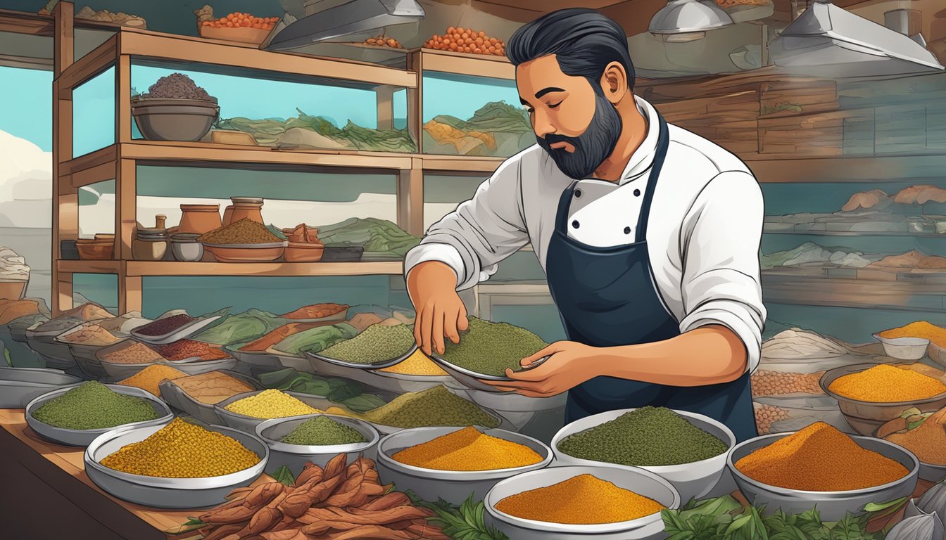 A chef selecting a large fish head from a market display, surrounded by vibrant spices and ingredients for making curry from scratch