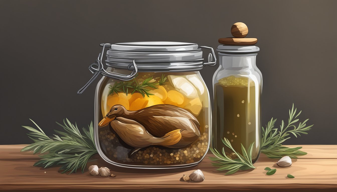 A glass jar filled with homemade duck confit, sealed with a layer of melted duck fat, sits on a rustic wooden shelf with dried herbs and spices