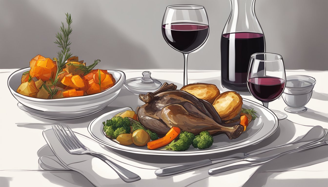 A table set with a plate of homemade duck confit, accompanied by a side of roasted vegetables and a glass of red wine