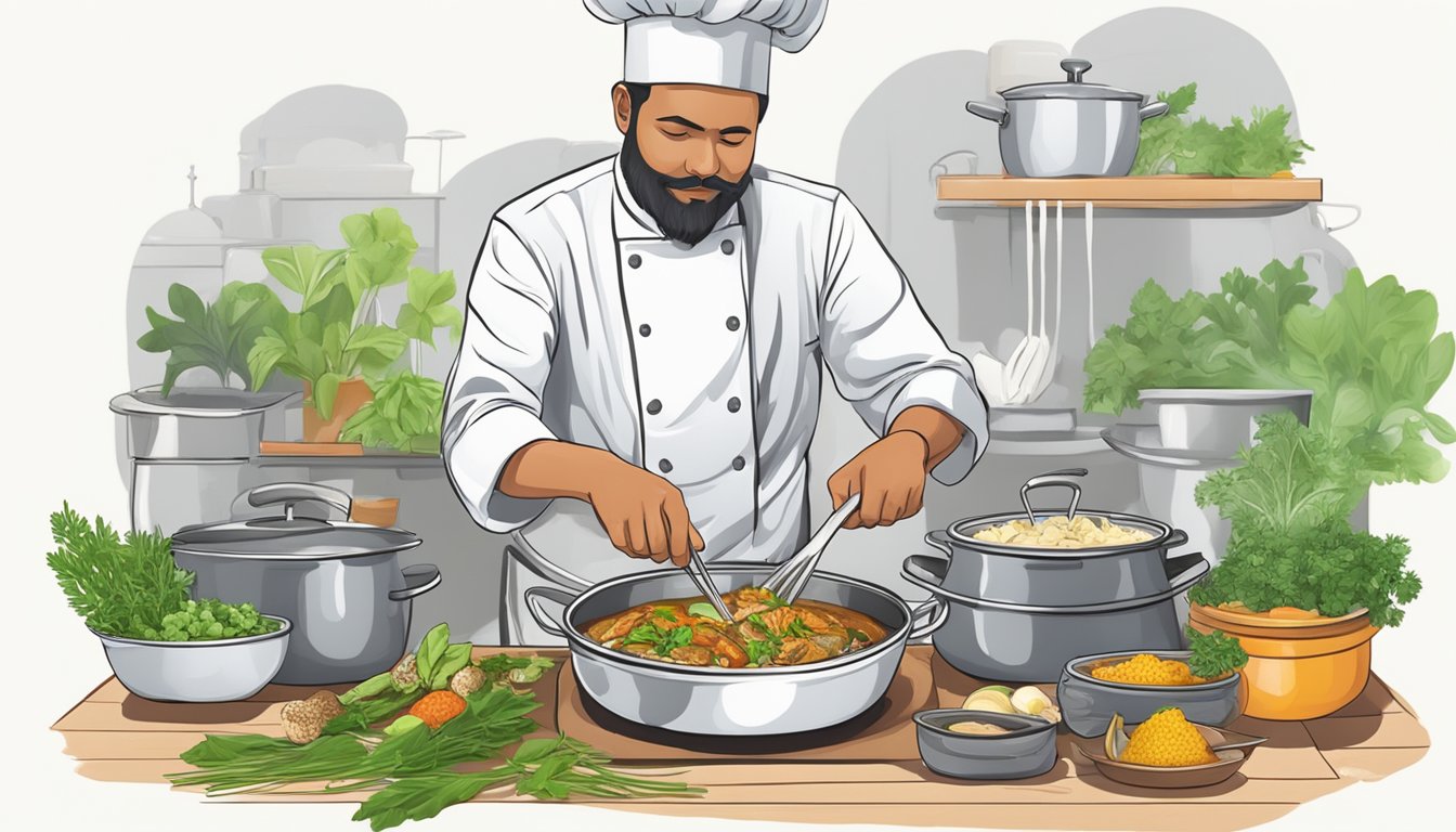 A chef garnishing a steaming pot of fish head curry with fresh herbs and spices, ready to serve