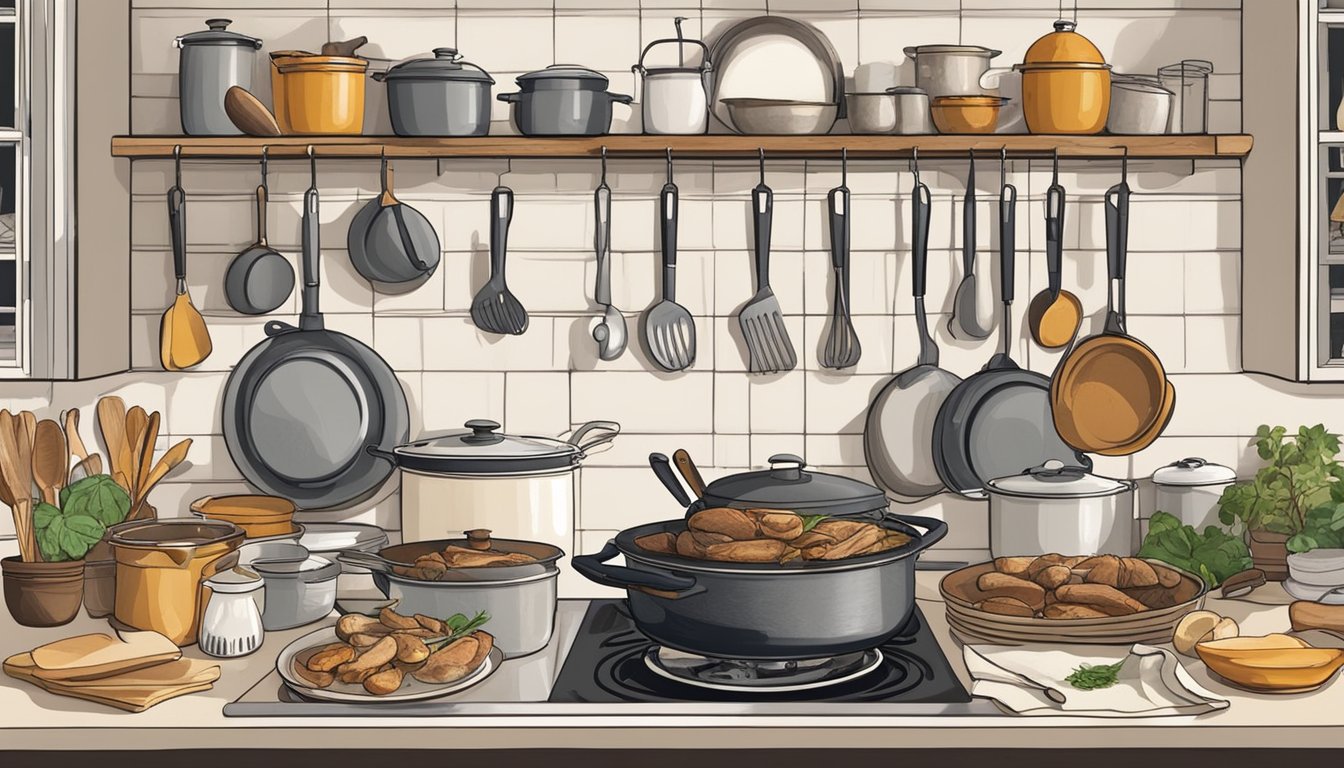 A rustic kitchen with pots, pans, and utensils surrounding a pot of homemade duck confit simmering on the stove