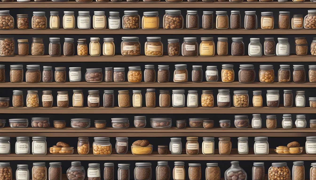 A wooden pantry shelves filled with jars of homemade venison sausage