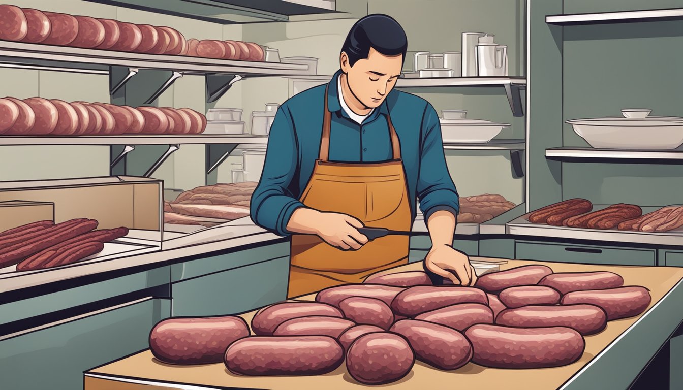 A person inspecting raw venison sausage for signs of spoilage