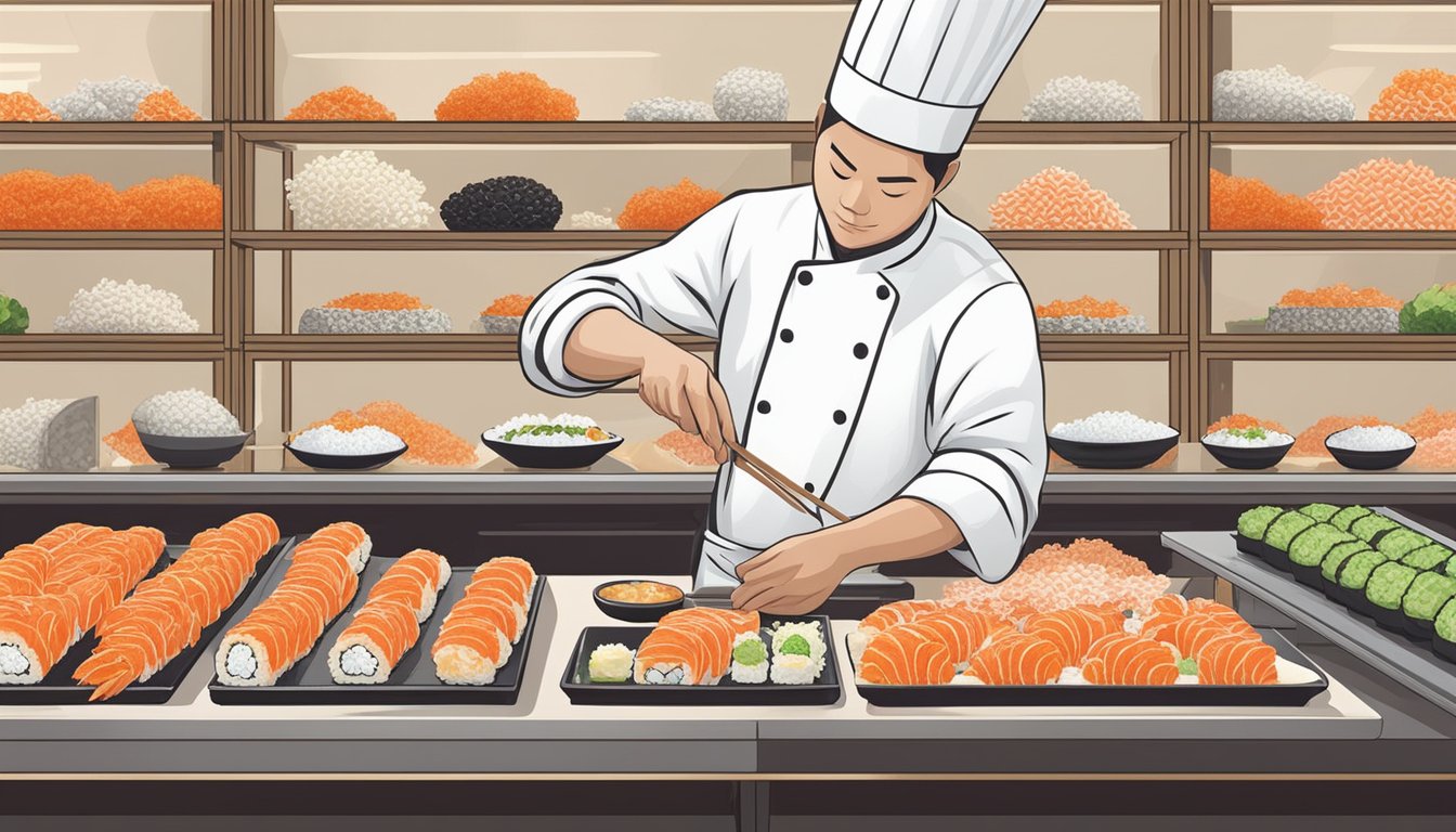 A chef carefully selects fresh crab roe and sushi rice, skillfully crafting flavorful sushi rolls from scratch