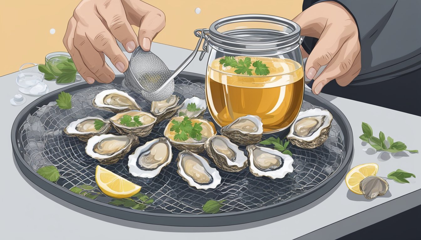 A chef pours simmering oyster liquid through a fine mesh strainer into a glass jar, with whole oysters and aromatics nearby