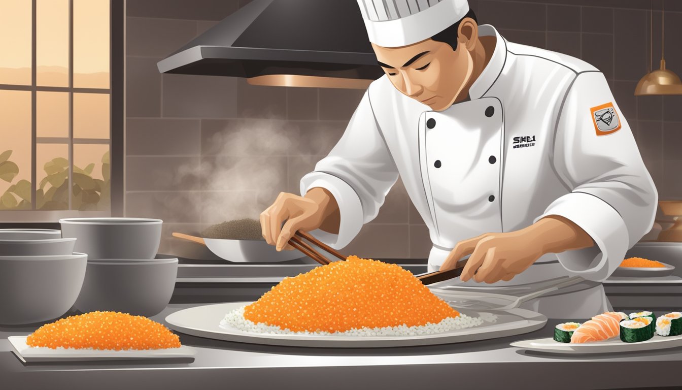 A chef carefully scoops vibrant orange crab roe onto a bed of seasoned rice, skillfully rolling it into a perfect sushi roll