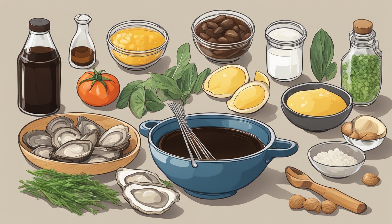 A kitchen counter with various ingredients and utensils laid out to make homemade oyster sauce from scratch