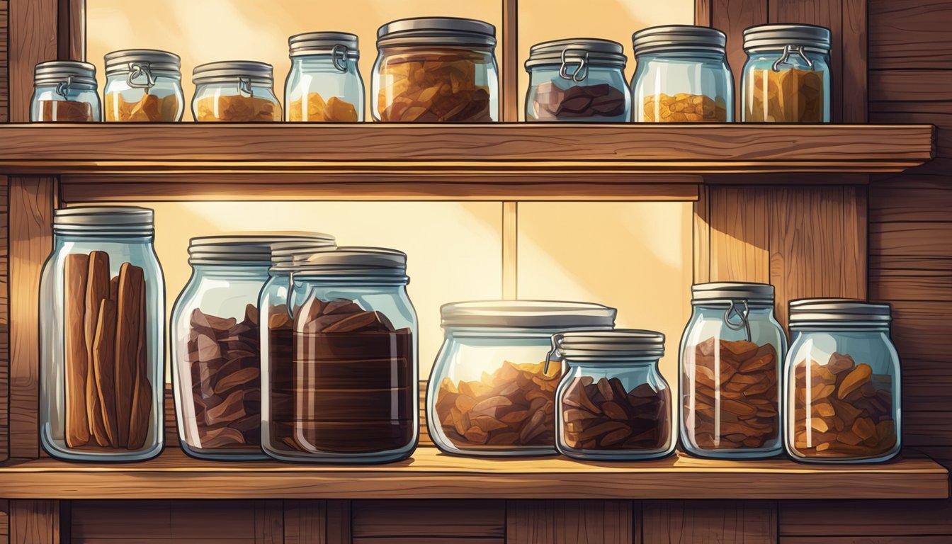 A wooden pantry shelf holds jars of homemade venison jerky in a rustic kitchen. Sunlight filters through a window, casting a warm glow on the preserved meat