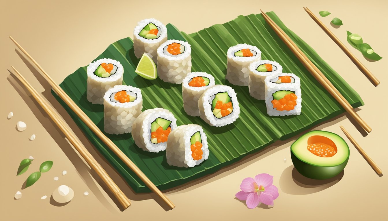 A pair of chopsticks carefully assembling sushi rolls with crab roe, avocado, and rice on a bamboo mat