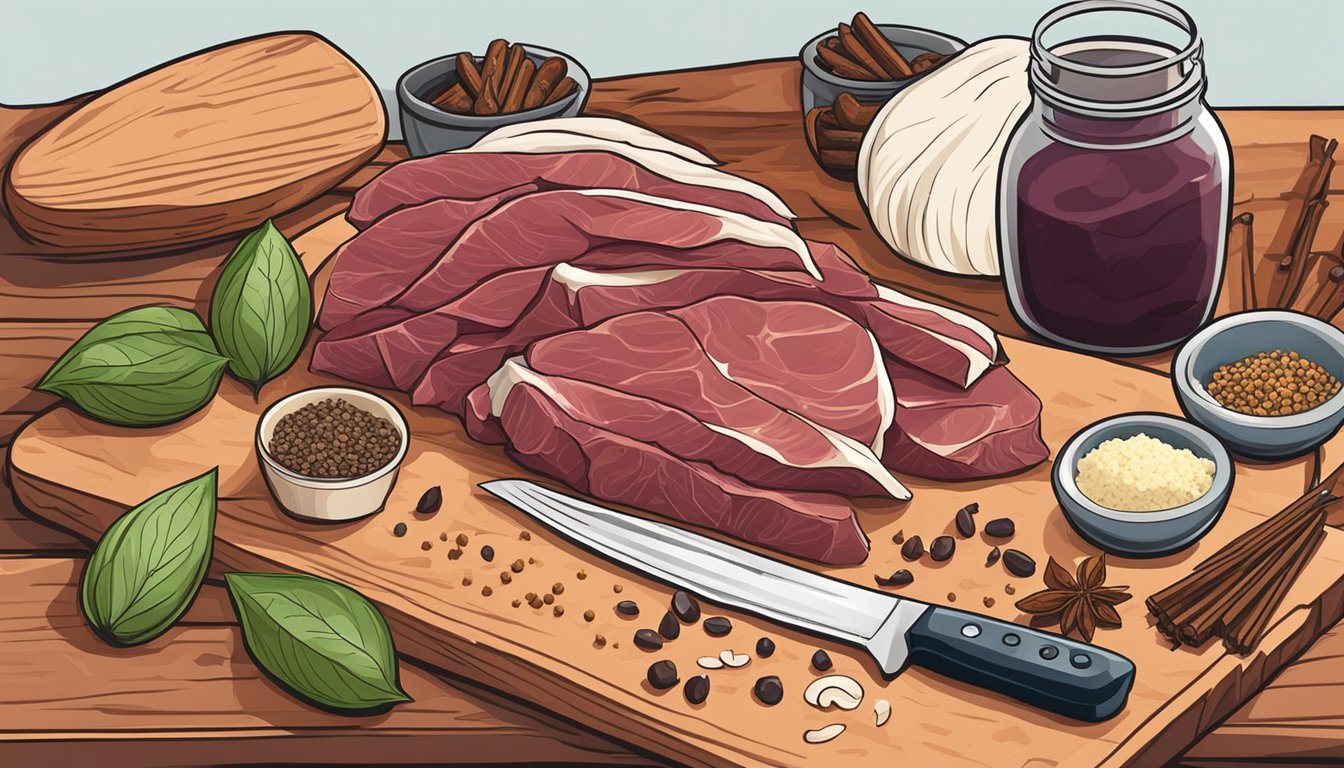 A rustic kitchen counter with various spices, a cutting board, and a sharp knife next to a pile of thinly sliced venison meat ready for marinating