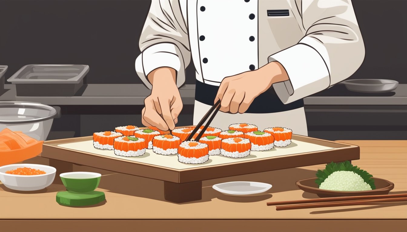 A chef carefully prepares fresh crab roe sushi, arranging it on a wooden platter with chopsticks and wasabi. A diner eagerly awaits, ready to savor the flavorful dish